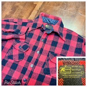 Kmart Buffalo Plaid Wool Flannel Shirt Mens Large Red Black Vintage Button 70's